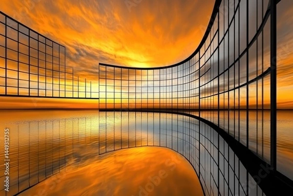 Fototapeta Vast, curved building with large windows reflects fiery sunset over tranquil water