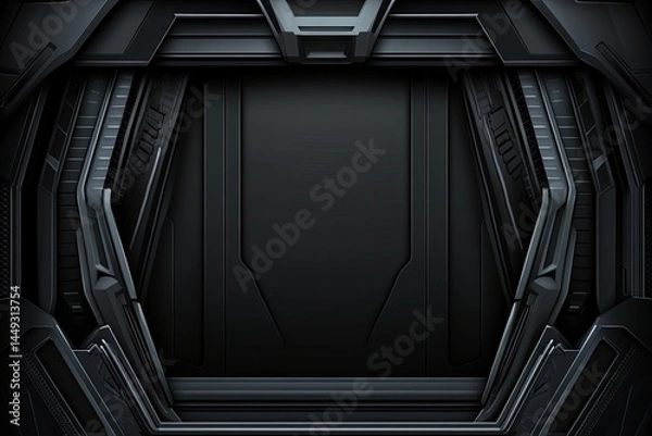 Fototapeta Dark, futuristic portal or door, featuring intricate, angular, metallic framework  Interior is a dark panel