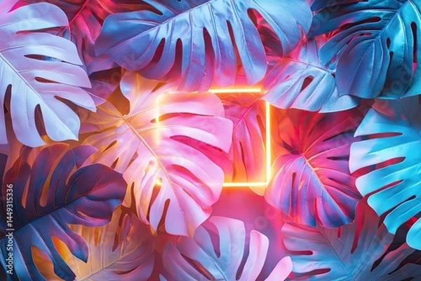 Fototapeta Vibrant tropical leaves frame a glowing square  Colorful,  stylized monstera leaves in shades of pink, purple, and blue  A warm, golden square illuminates the center, creating a striking contrast