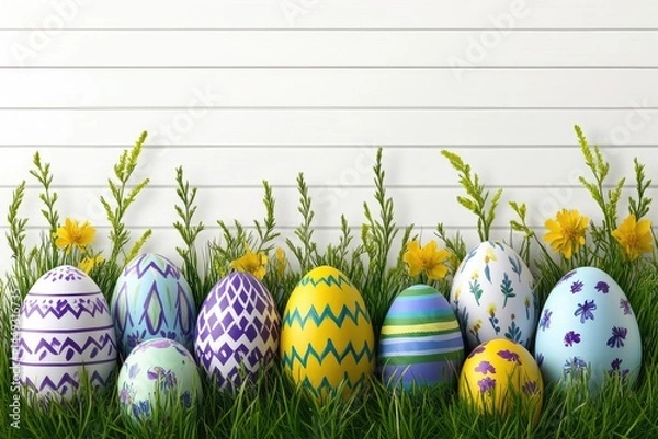 Fototapeta Easter eggs in grass,  painted in various colors and patterns, against a white wooden plank background, with small flowers and greenery