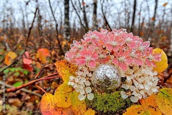 Fototapeta Frozen flowers, delicate pink and white blooms, adorned with frost, resting on autumn leaves  A small, reflective sphere is nestled within the arrangement
