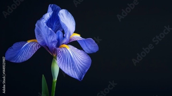 Fototapeta Close-up of a vibrant blue purple iris flower with detailed petals and green stem against dark background, showcasing natural beauty and intricate floral details