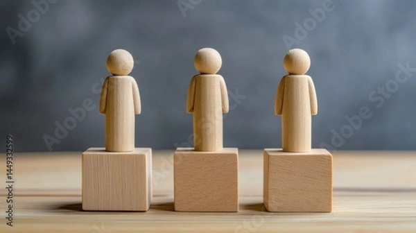 Fototapeta Wooden Figures on Pedestals: A Metaphor for Equality, Competition, or Teamwork