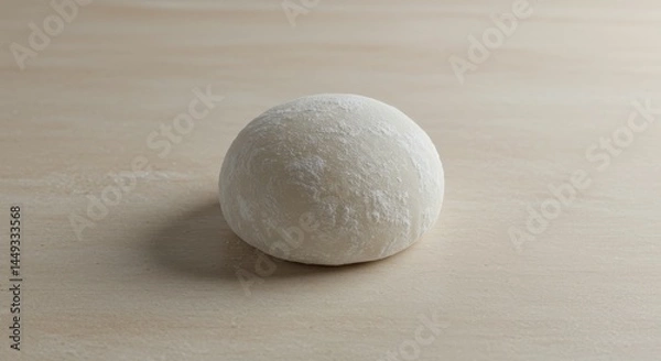 Fototapeta Daifuku Mochi Ball on Wood Surface - A single, round daifuku mochi rests on a light wood surface. The mochi is pale white and slightly textured
