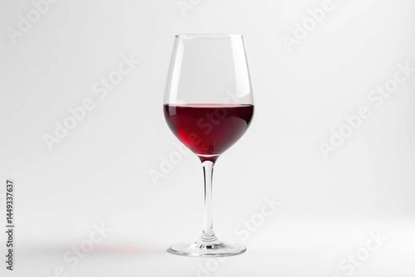 Obraz Single red wine glass, half full, on white backdrop Minimalist style , alcohol, elegant