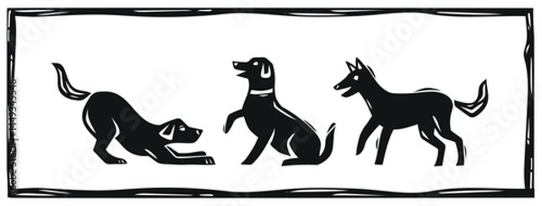 Fototapeta Set of dogs drawn in the style of woodcut, doodle. silhouette, vector illustration..eps