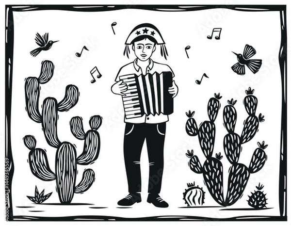 Fototapeta Musician playing the accordion, cacti and birds. Woodcut in the style of Brazilian cordel. Vector illustration..eps
