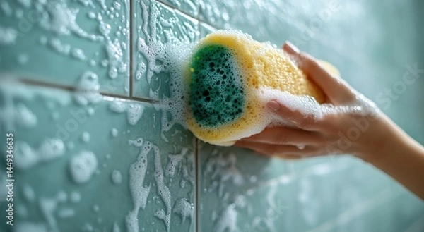 Obraz Cleaning bathroom tiles with sponge