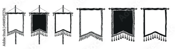 Fototapeta Set of vertical banners drawn in the style of old woodcut, linocut. Medieval pennants, emblem, coat of arms. Editable vector illustration.eps