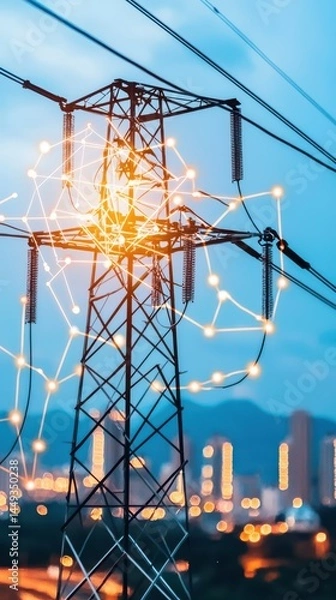 Fototapeta Future energy harvesting stations with ai technology urban power grid digital infrastructure evening skyline futuristic concept