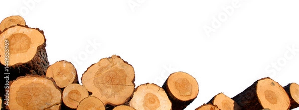 Fototapeta A row of freshly cut tree logs isolated on a transparent background, showcasing the natural wood texture, tree rings, and organic timber surface. Ideal for use in forestry, woodworking, firewood