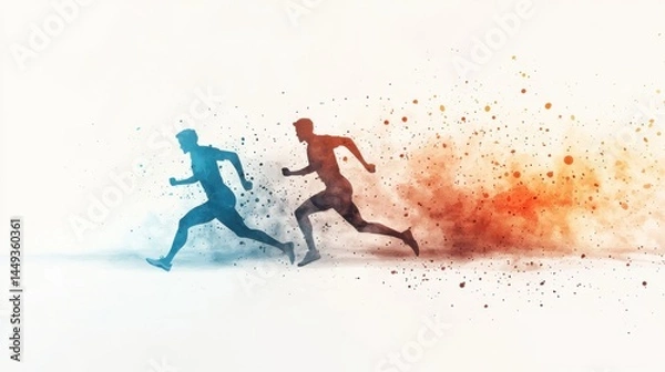 Fototapeta Two abstract runners in motion, one blue and one orange, leave vibrant, colorful trails behind them on a white background.