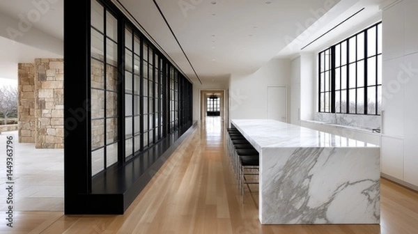 Fototapeta Sleek minimalist kitchen seamlessly flows into a sun-drenched dining area with large windows - divider home upscale