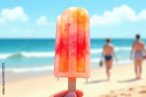 Obraz Melting Fruit Popsicle Art: Soft Watercolor Beach Scene with Warm Colors and Gentle Waves