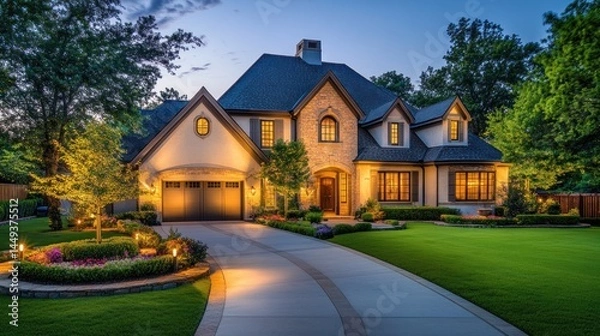 Fototapeta Luxury Home at Dusk:  Elegant Architecture and Landscaping