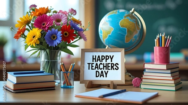 Obraz Teacher's desk, colorful flower bouquet, Happy Teachers Day sign, globe, stack of books, pencil holder, notepad, soft lighting, classroom