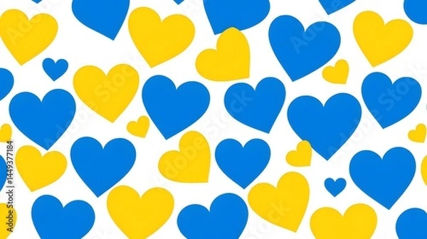 Fototapeta Blue and Yellow Hearts Pattern Seamless Repeat Background