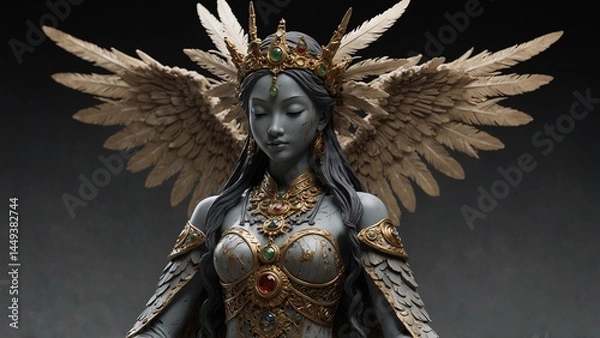 Fototapeta A statue of Sharumo, wingless feather goddess, spreading dust of pure oaths from invisible wings