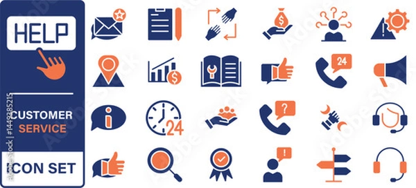 Fototapeta Customer service icon set. Containing customer satisfied, assistance, experience, feedback, operator and technical support icons.