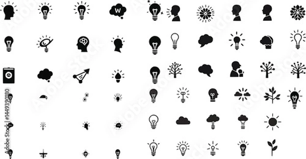 Fototapeta  set of black silhouette brain-themed glyphs, each designed with a clean, consistent minimal style 