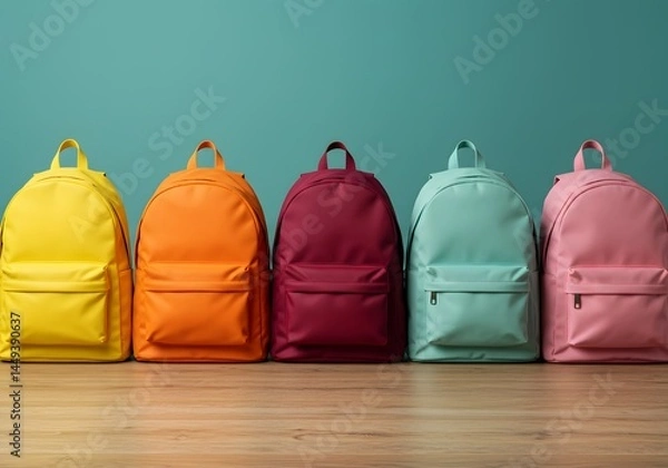 Fototapeta Colorful backpacks row display