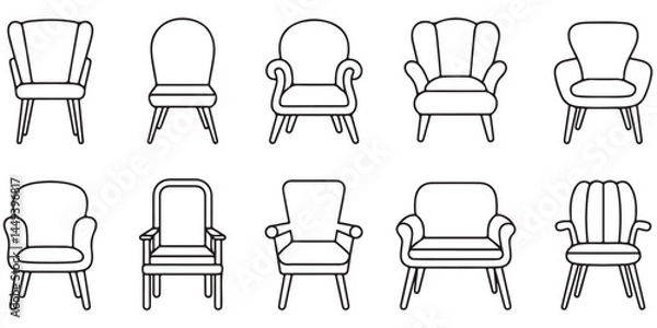 Obraz set vector various chair silhouettes, Chairs silhouettes collection, outline coloring book page line art vector silhouettes