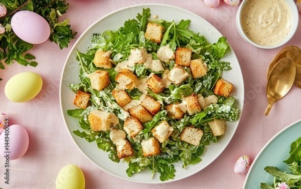 Obraz Classic Caesar salad with croutons and dressing, set on a pastel-colored Easter tablecloth