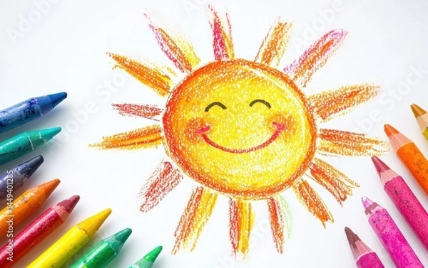 Obraz Childish drawing of a smiling sun with crayons and watercolor on a white background
