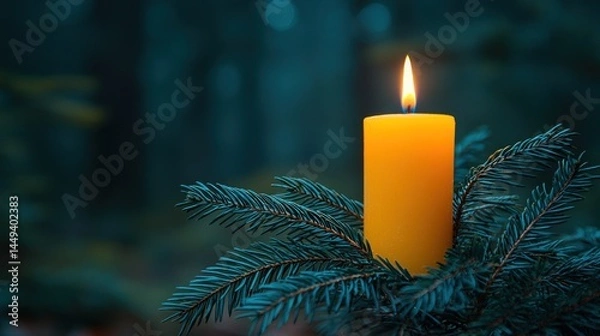 Fototapeta Lit yellow candle, evergreen boughs, deep forest backdrop