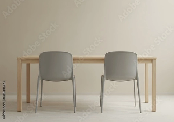 Fototapeta Empty wooden table and chairs in light interior