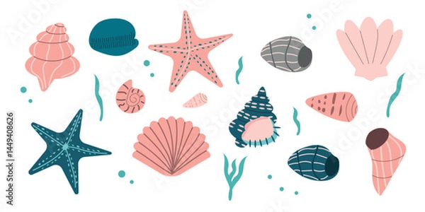 Fototapeta Seashell set. Summer banner for vacation web design. Vector illustration 