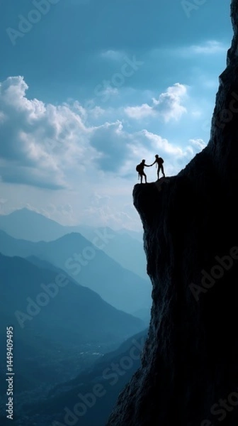 Fototapeta Mountain climbers assisting each other on a cliff edge, dramatic vista of valley below, a powerful image of human assistance, inspirational and motivational