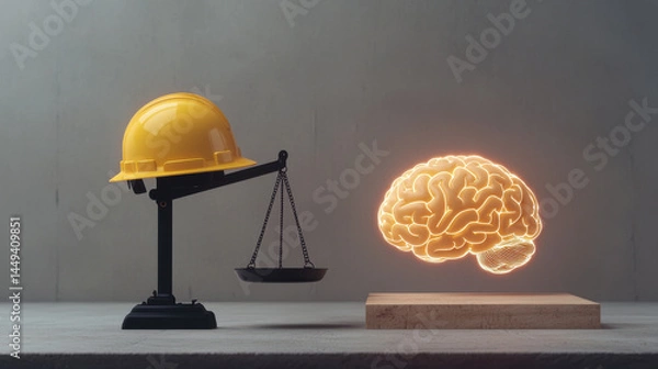 Fototapeta Hardhat Conceptual Thinking, Hard hat balancing scale opposite glowing brain symbolizes balance between safety