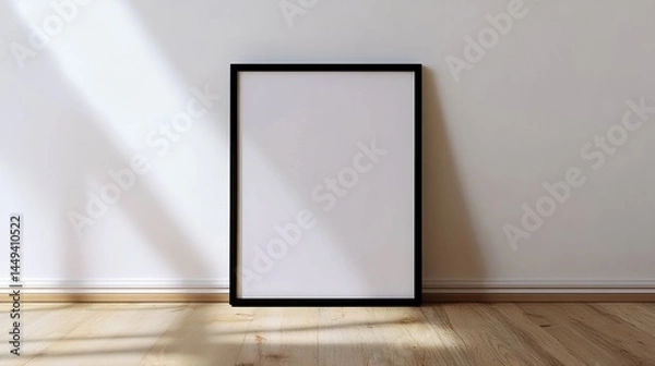 Fototapeta A simple black frame sits on a wood floor against a white wall.  It's perfect for showcasing your design.
