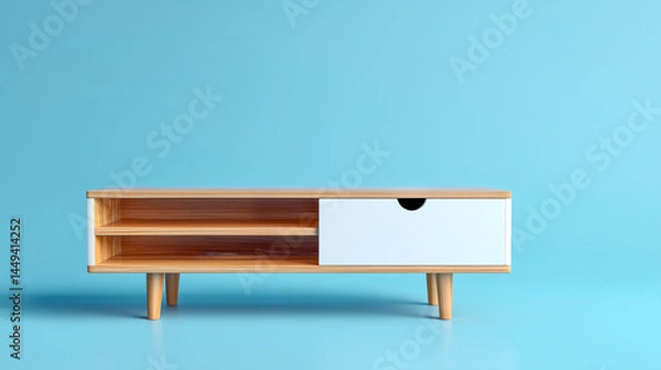 Fototapeta Modern TV stand with two shelves and one drawer, isolated on a blue background.