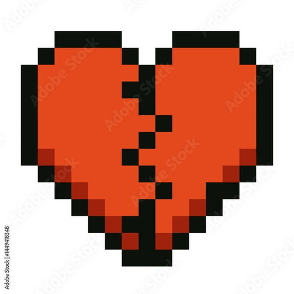 Fototapeta Vector illustration of a broken red heart in pixel art style. Designed in retro 8-bit aesthetic, symbolizes heartbreak, sadness, or emotional pain. Perfect for video games, digital stickers, messaging