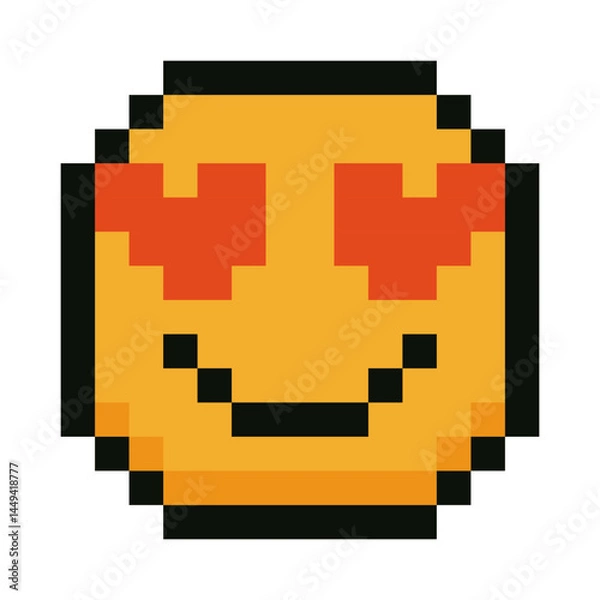 Fototapeta Pixel art smiley face with hearts in eyes in a video game style isolated on white background. Retro style 8 bit vector illustration symbolizing love, romance. Perfect for video games, memes, chat