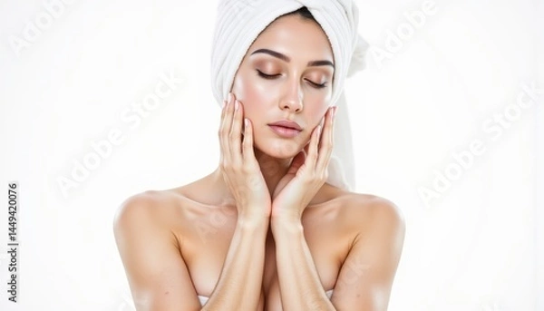Fototapeta Serene woman relaxes with a soft towel on her head after refreshing shower