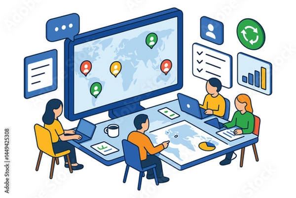 Fototapeta Isometric Digital Communication and Chat Platform Usage
