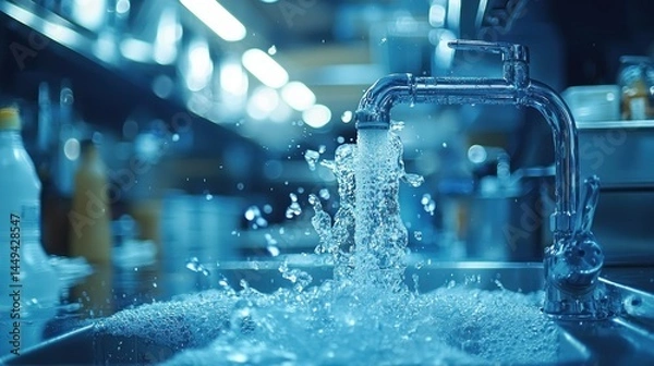 Fototapeta Water pours from a faucet, creating a splash in a sink