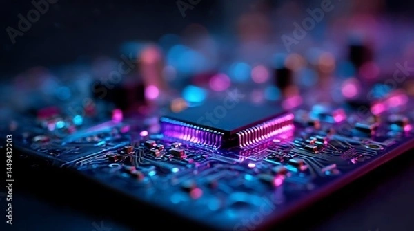 Obraz Macro computer chip, purple glow, tech background, high-tech AI circuit board