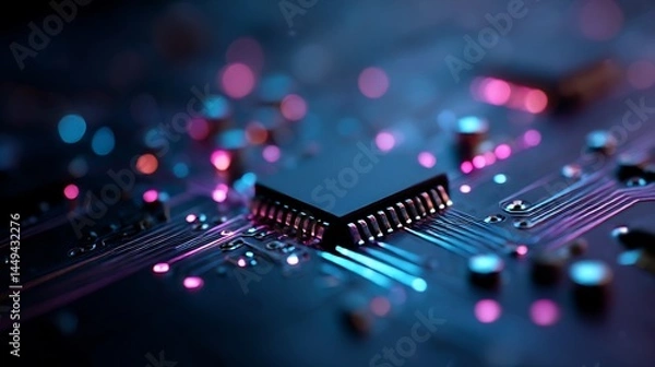 Obraz Macro view of a modern computer chip illuminated by vibrant purple lighting. Ideal for themes like innovation, digital technology, or AI concepts.