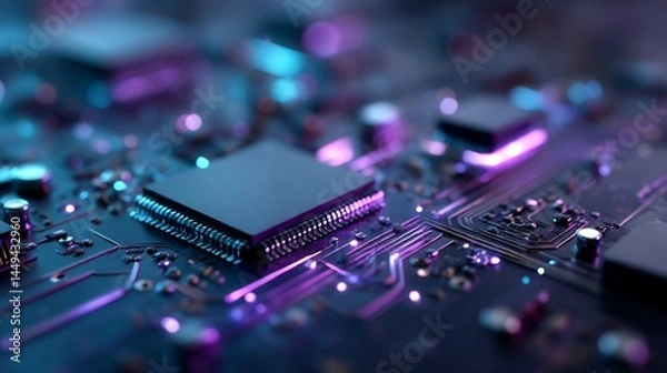 Fototapeta Close-up of a Computer Chip with Purple Lights