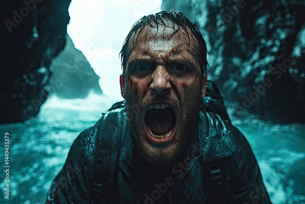 Fototapeta Intense Island Survival with Man Screaming in Desperation
