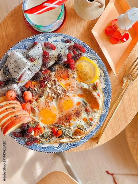 Obraz Fried eggs with spinach and mixed fruits for breakfast. Delicious food. Bruch menu. Healthy recipes. Easy home cooking. Diet food dish. High Protein. eggs recipe. Easy breakfast. Tropical fruits. 