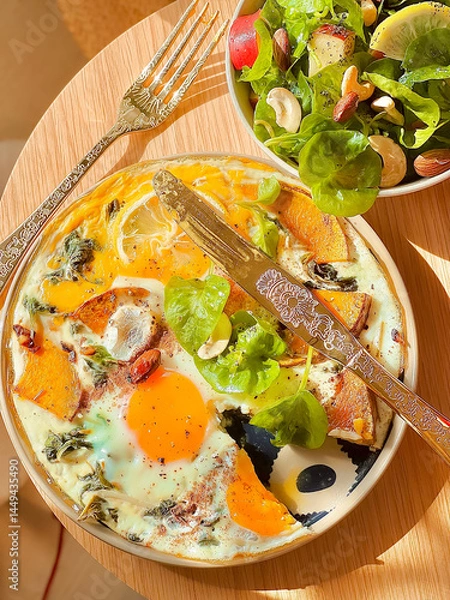 Obraz Fried eggs with spinach and watercress salad for breakfast. Delicious food. Bruch menu. Healthy recipes. Easy home cooking. Diet food dish. High Protein. eggs recipe. Easy breakfast. Watercress menu.