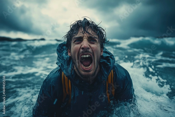Fototapeta Emotional Scene of Isolated Man Yelling for Help