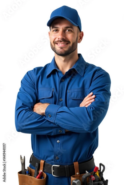 Fototapeta A smiling, confident man wearing a blue work uniform, including a matching blue baseball cap, stands with his arms crossed. 