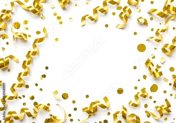 Fototapeta Golden ribbons and confetti scattered on a white background creating a festive celebration frame