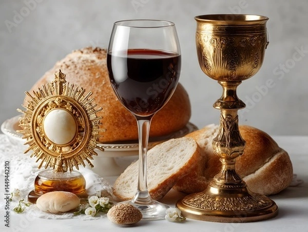 Fototapeta Communion Still life with chalice of wine and bread. Corpus Christi. on white background.